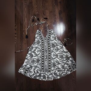 PAANI LUV Swim Beach Boho Floral Print V-Neck Knee Lenght Dress Gold M L XL